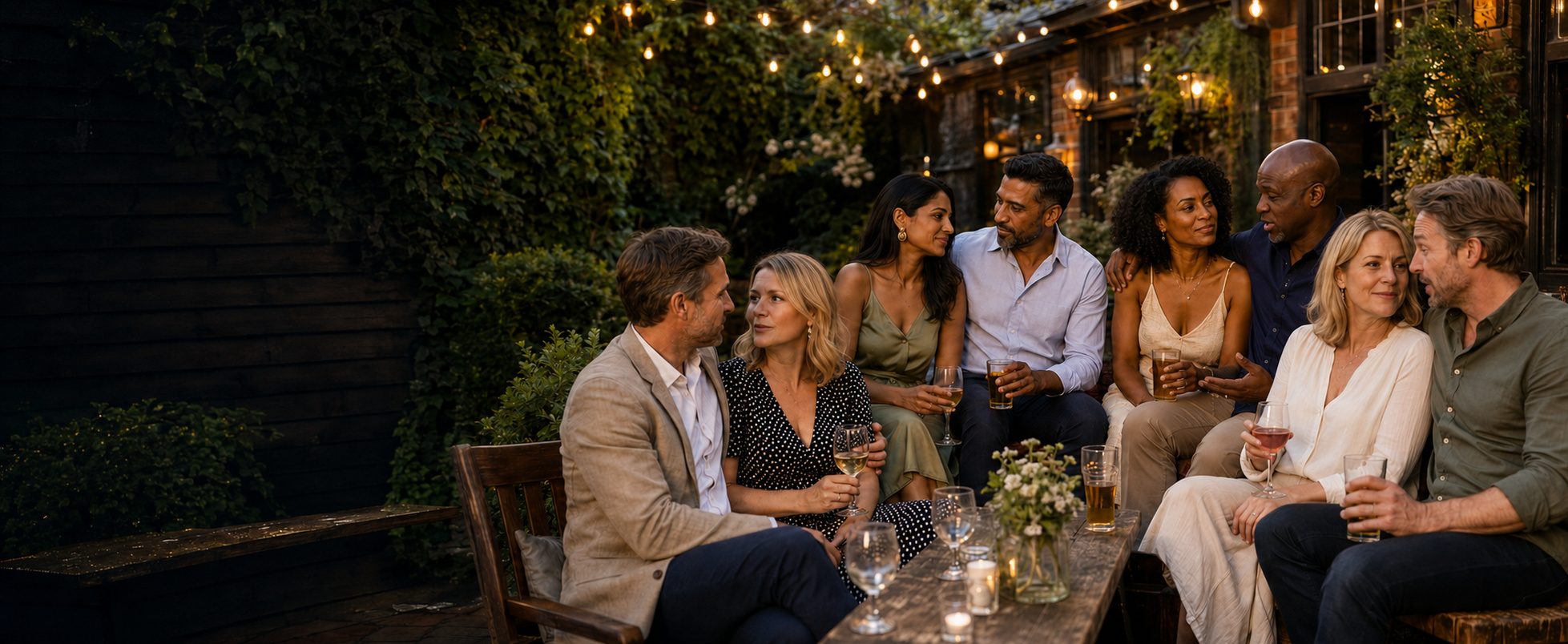 A group of UK couples of varied ethnicities chatting together in a pub garden